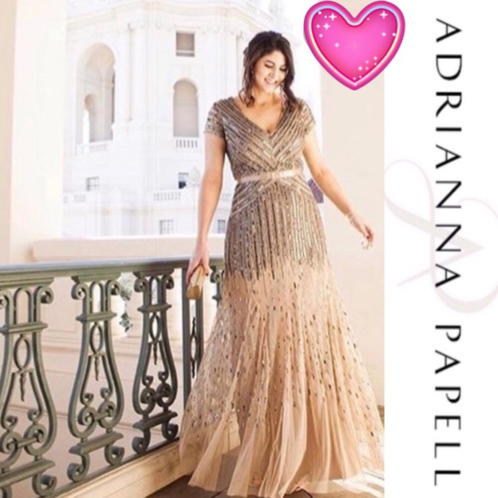 Adrianna Papell Beaded V-neck Long Dress